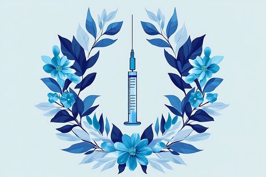 A syringe centered within a beautiful blue floral wreath illustration