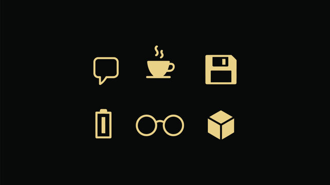 Vector set of golden user interface icons featuring chat bubble coffee cup floppy disk battery glasses and box on black background.