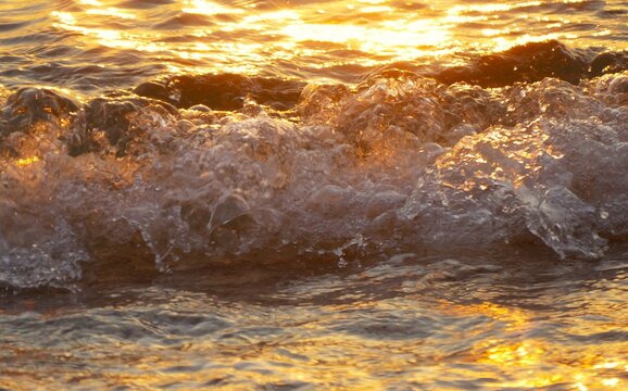 Golden wave sea splash on the beach in beautiful sunset with sparkle and shine,summer sea water splash background