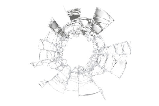 Circular shattered glass impact isolated on transparent background. Broken glass hole effect with radial cracks and fragmented pieces, useful as overlay or damage texture.