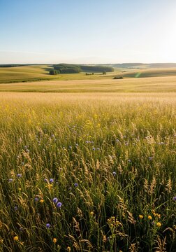 Golden field landscape under sunlight