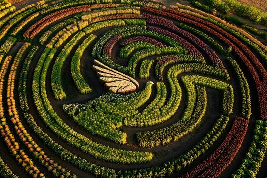 Aerial view of a vibrant flower maze featuring a dove design