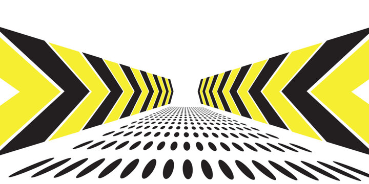 Yellow and black chevron warning arrows vector set with halftone dot road pattern, industrial hazard perspective background, under construction traffic concept isolated on white.