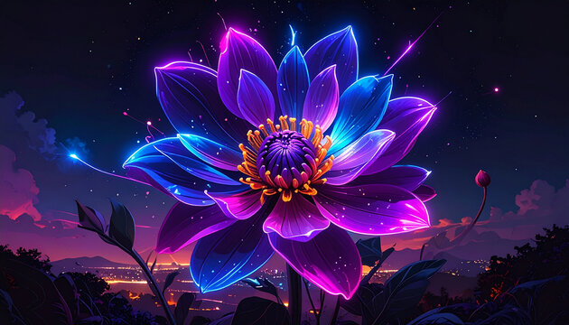 Glowing lotus flower against night sky