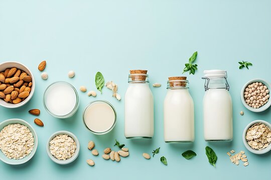 Assorted plantbased milk alternatives with nuts, grains, and soybeans