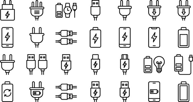 Electric battery charging power plug and usb cable line icons set for mobile technology website application UI design elements