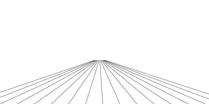 Linear perspective road lines vector illustration, minimal black and white vanishing point grid background, abstract geometric path concept isolated on white.