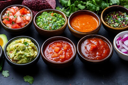Assorted mexican salsas and dips in bowls