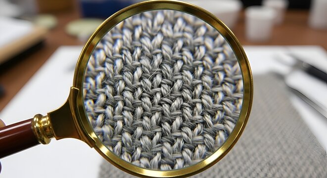 Magnifying glass examining knitted textile pattern close-up