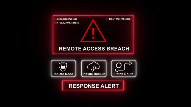 Cybersecurity remote access breach warning interface with red alert notification, digital data security threat detection, system intrusion emergency protocol, and network defense response hud overlay