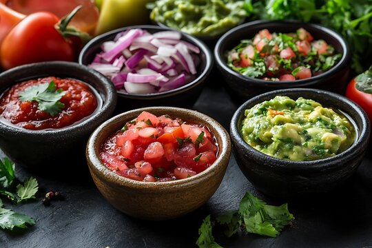 Assorted mexican salsas and guacamole in rustic bowls