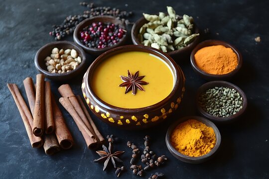 Golden turmeric milk with aromatic spices and herbs