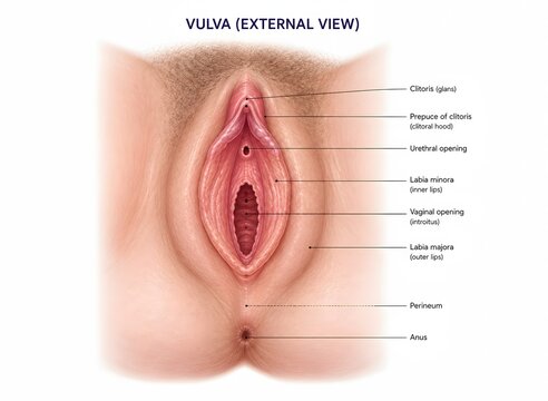 Detailed medical illustration of external female genital anatomy with labeled structures. Educational healthcare resource for gynecology and anatomy studies.