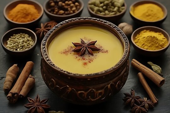 Golden turmeric milk in a rustic bowl surrounded by aromatic spices