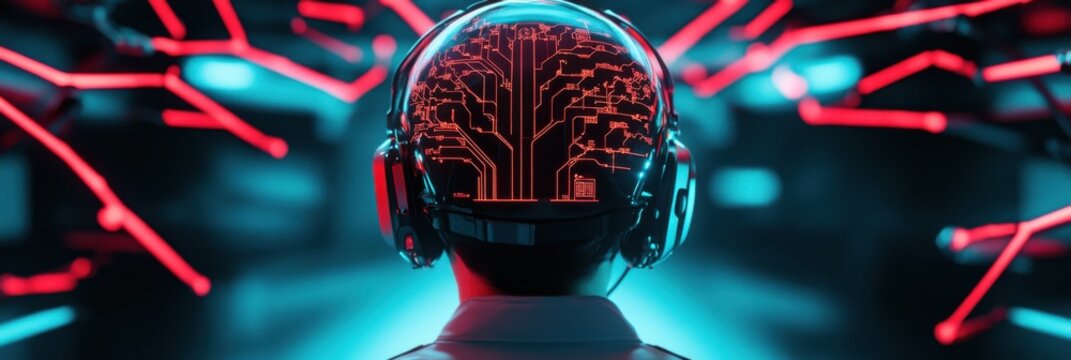 Futuristic concept of human machine interaction with neural circuitry visualization in a digital environment
