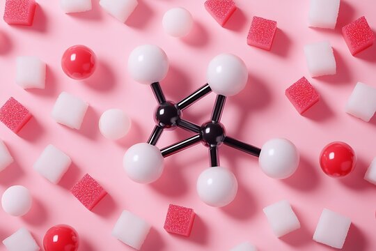 Molecular model of cyclopropane surrounded by sugar cubes and candy spheres
