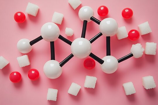Molecular model of a sugar molecule surrounded by sugar cubes on pink background