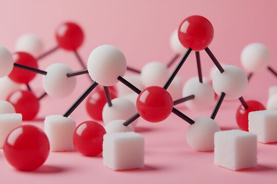 Molecular model structure with sugar cubes on pink background