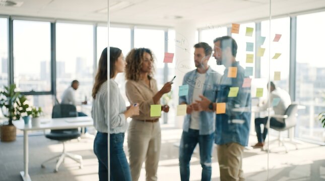 Multicultural business colleagues discussing project progress using colorful sticky notes on glass wall in brightly lit contemporary corporate office environment during workday