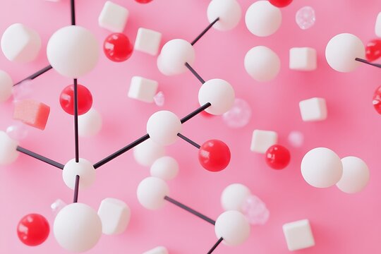 Molecular structure model made of white and red spheres and cubes on pink