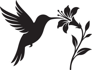Black silhouette of a small hummingbird flying and drinking nectar from a beautiful blooming lily flower © Kabir 2.0