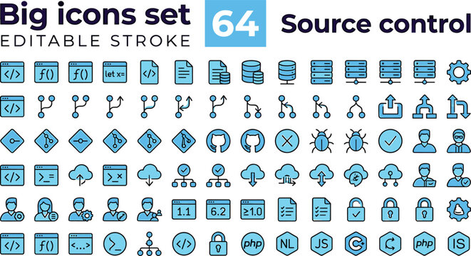 Source control line icon collection with editable outline symbols for software development version management systems