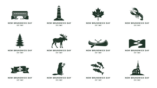 Black vintage style icons collection for new brunswick day celebration in canada designs.