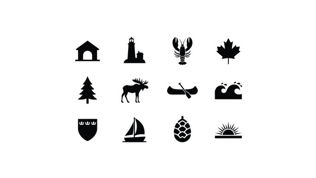 Graphic collection of canadian landscape nature and wildlife icons in black ink style set.