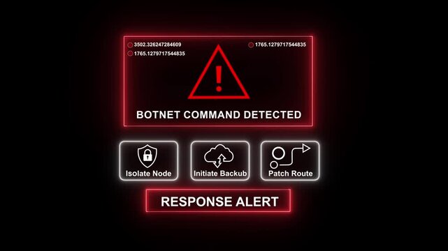 Cybersecurity alert interface featuring botnet command detected warning with red neon warning sign and interactive system response options for isolate node, initiate backup, and patch route digital