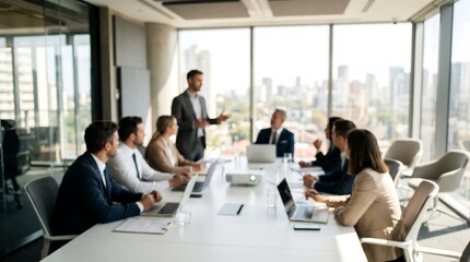 Fototapeta premium Business executive presenting strategic growth plan to team of professionals in modern sunlit boardroom with city views and glass windows during corporate office meeting