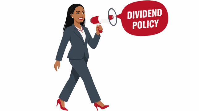 Businesswoman announcing dividend policy with megaphone.