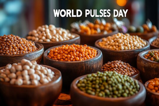 World pulses day celebration with various legumes in wooden bowls
