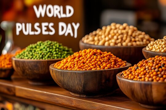 World pulses day celebration with assorted legumes in wooden bowls