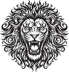 Obraz premium Fierce lion head with tribal style patterns and roaring expression in black and white graphic art design