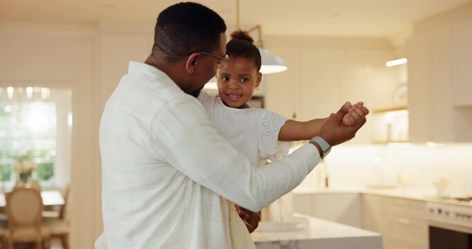 Dancing, happy and father with child in kitchen for bonding, love and connection with music or radio. Smile, teaching and black man with girl kid for moving to playlist on weekend together in house.