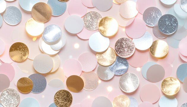 Festive confetti background with glittering circles in pastel colors.