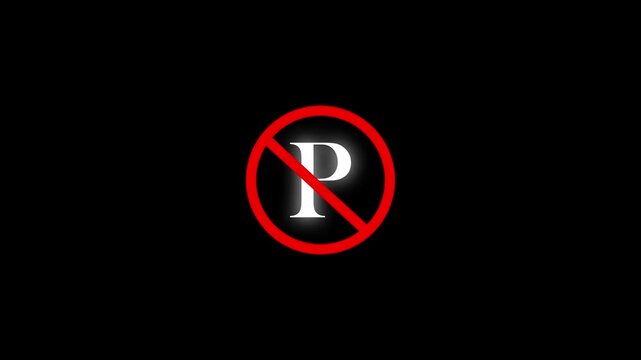 Abstract glowing warning, no parking icon, prohibited and red circle International prohibition icon animation on a black background.4k quality animation video