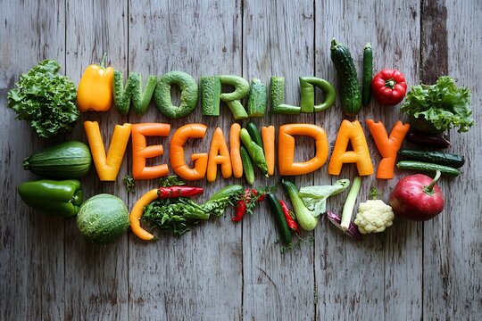 World vegan day text made of fresh vegetables on a rustic wooden background