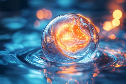 Glowing abstract energy sphere floating on rippling water surface