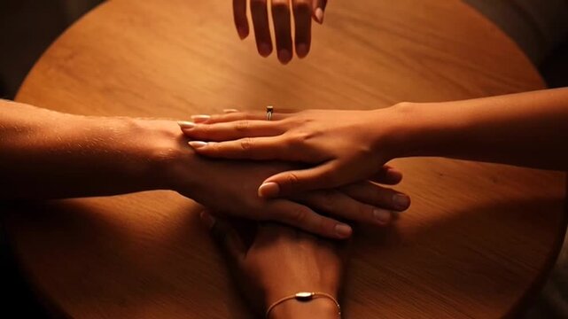 Group of people stacking hands on a wooden table in warm light representing unity and teamwork.
