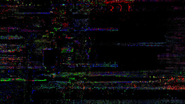 Abstract screen error texture with analog interference, signal loss, VHS noise, scanlines, and distorted broadcast effect on black background. Useful for retro video, transmission failure, and corrupt