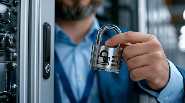 IT auditor pressing a physical padlock icon prop against a server cabinet door during a compliance walkthrough in a colocation data center, security infrastructure certification and protection conce