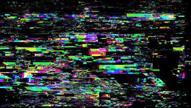 Abstract screen error texture with analog interference, signal loss, VHS noise, scanlines, and distorted broadcast effect on black background. Useful for retro video, transmission failure, and corrupt