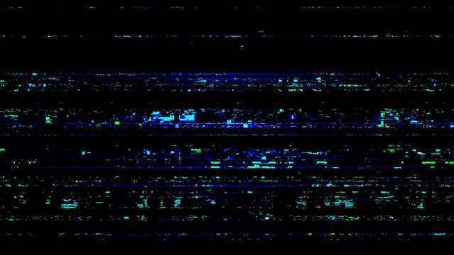 Abstract screen error texture with analog interference, signal loss, VHS noise, scanlines, and distorted broadcast effect on black background. Useful for retro video, transmission failure, and corrupt