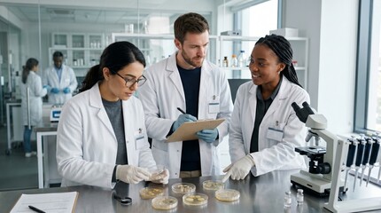 Fototapeta premium Biotech Team Reviewing Petri Dish Results At Bright Research Bench