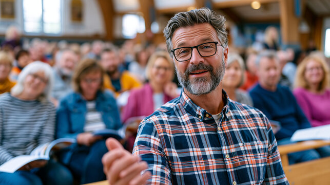 Large community slimming group meeting in a church hall with rows of adults holding booklets and talking animatedly in small clusters, a facilitator at the front gesturing warmly, the crowd scene co