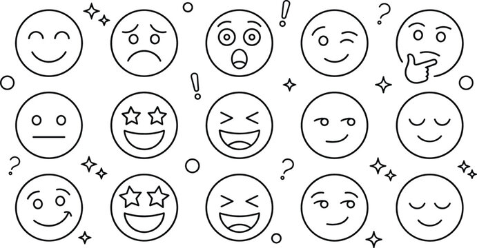 Emoticon smiley face expression traditional vector elements doodle set with happy sad surprised laughing winking thinking smirking neutral