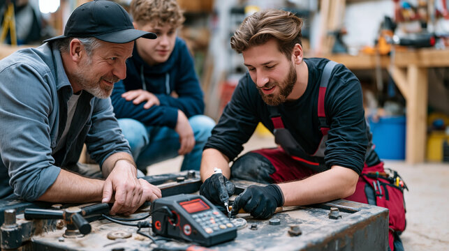 Locksmith kneeling beside a vintage safe with a modern digital key decoder beside it on a worn workshop floor, problem resolution concept for security consulting, intergenerational craftsman and app