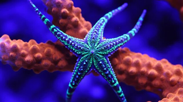 Vibrant starfish resting on coral in a blue ocean setting, showcasing ocean life, nature, and the colorful underwater ecosystem.