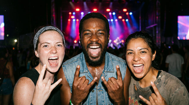 Rock music festival fans rock gesture celebrating for concert entertainment social gathering friendship marketing greeting card poster design